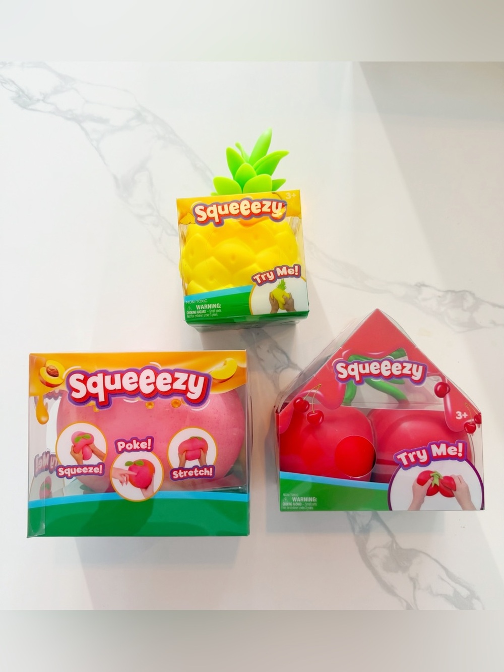 Squeeezy Fruit Squishy Bundle Set of 3 Peach Cherry Pineapple Viral Toy